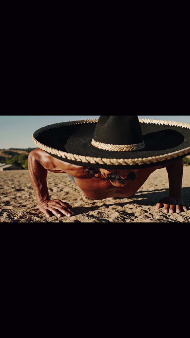 Uomo forte che fa flessioni in un deserto con un sombrero