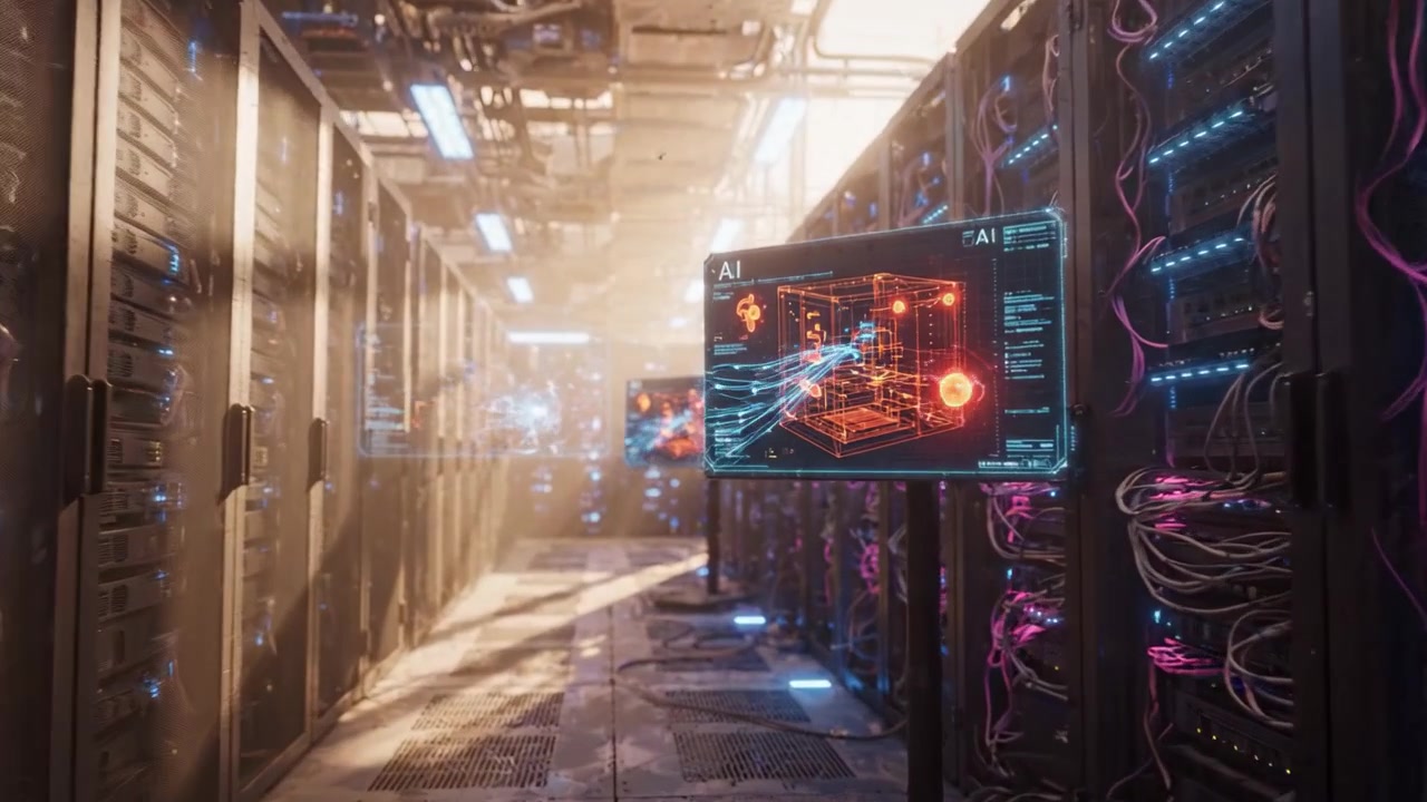Exploring the Future of Data Processing and Artificial Intelligence in a High-Tech Server Room with Dynamic Visualizations and Advanced Technology Displayed