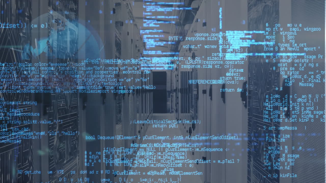 Animation of network of icons and connections, data processing and digital information in a server