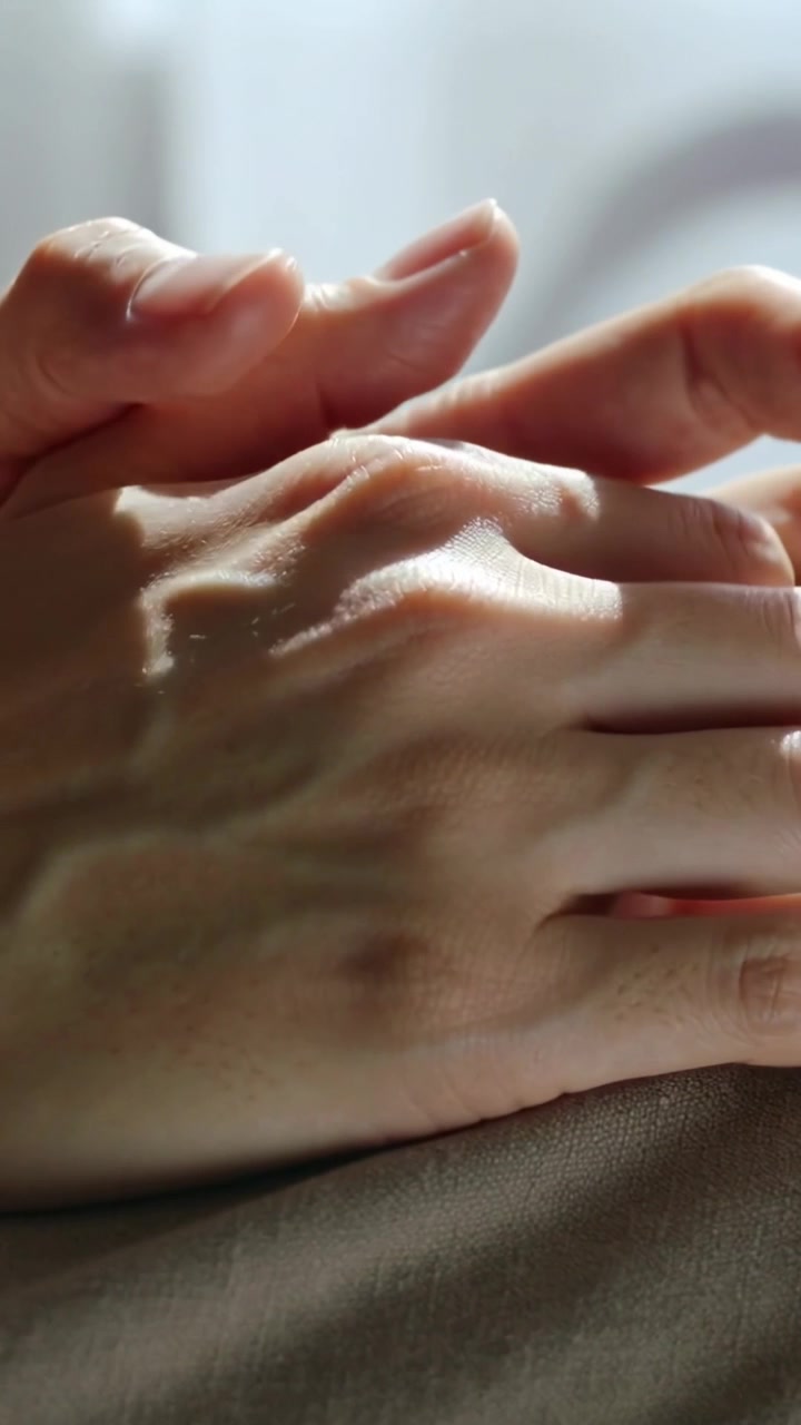 Vertical video: Sliding hands from clasp, pressing and rubbing on soft fabric, short nails