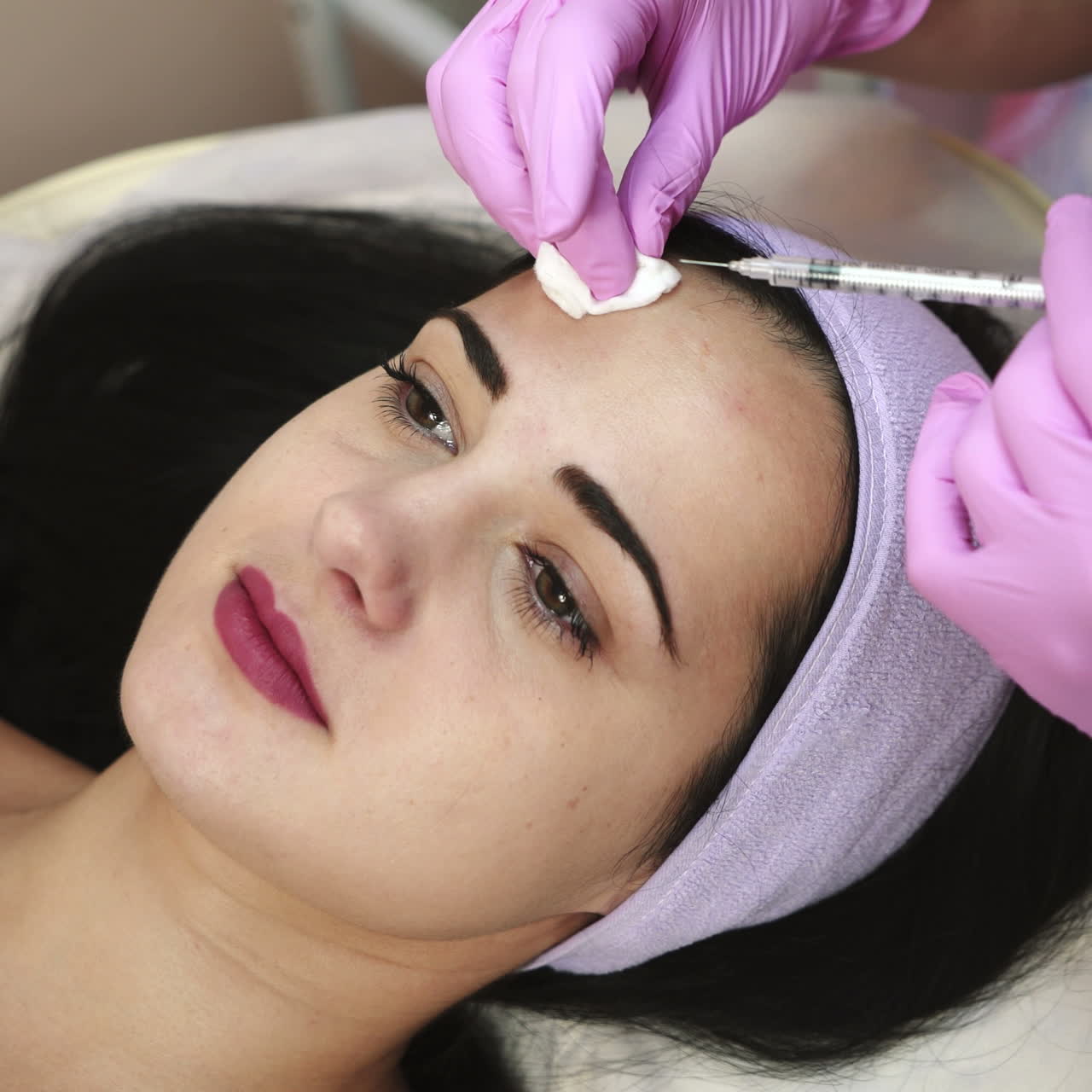 A woman on the procedure of injections in a cosmetology clinic
