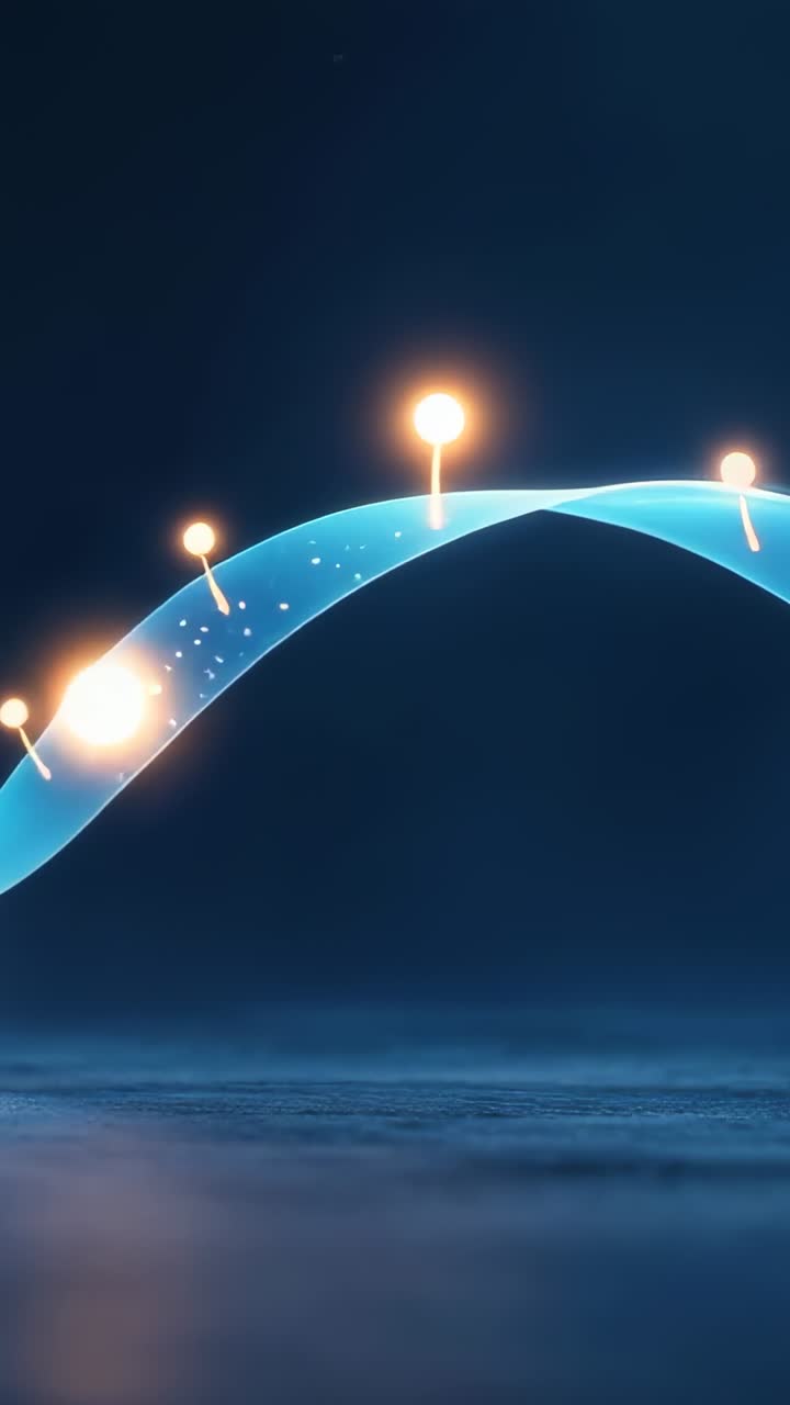 Vertical video: Blue ribbon wave emerging from left carrying golden orbs in dark digital scene