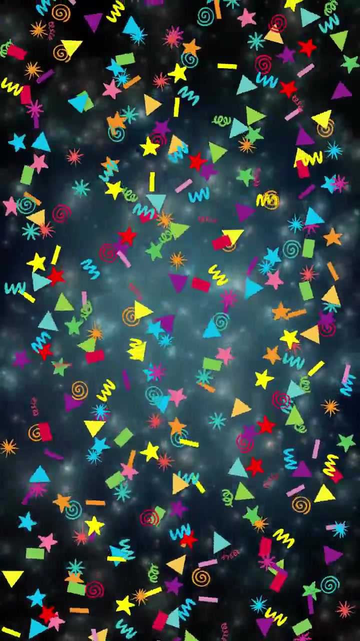 Forme geometriche vivaci cadono continuamente su uno sfondo scuro e luminoso con effetti di luce soffusa