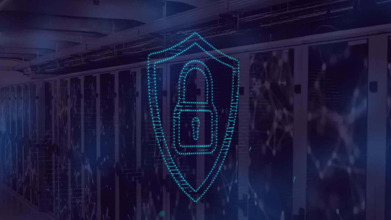 Animation of security padlock icon over network of connections against computer server room