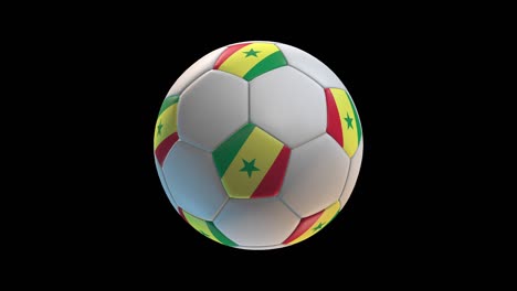 pelota de fútbol con bandera de senegal, en el fondo negro bucle alfa. renderización 3d
