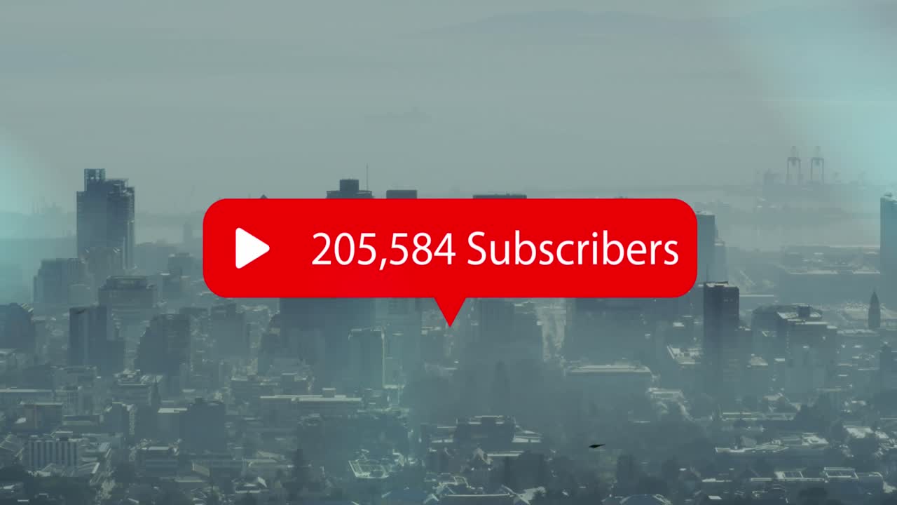 Animation of changing numbers and subscribers text in notification icon over modern city