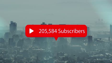 animación de números cambiantes y texto de suscriptores en el icono de notificación sobre la ciudad moderna.