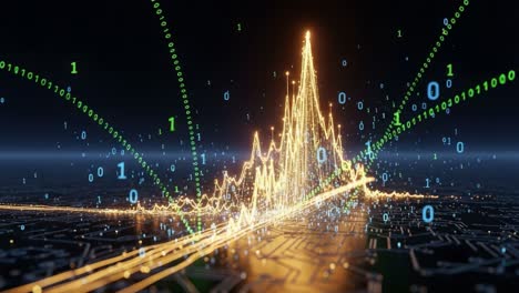 dynamic visualization of digital data flow represented by vibrant graphical peaks and binary sequence illustrations against a circuitry background