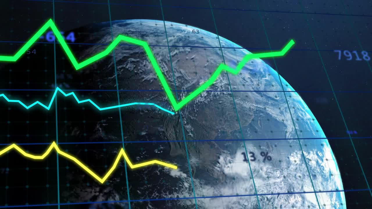 Left-edge pulse starting neon lines rising falling updating values over turning orb showing trends