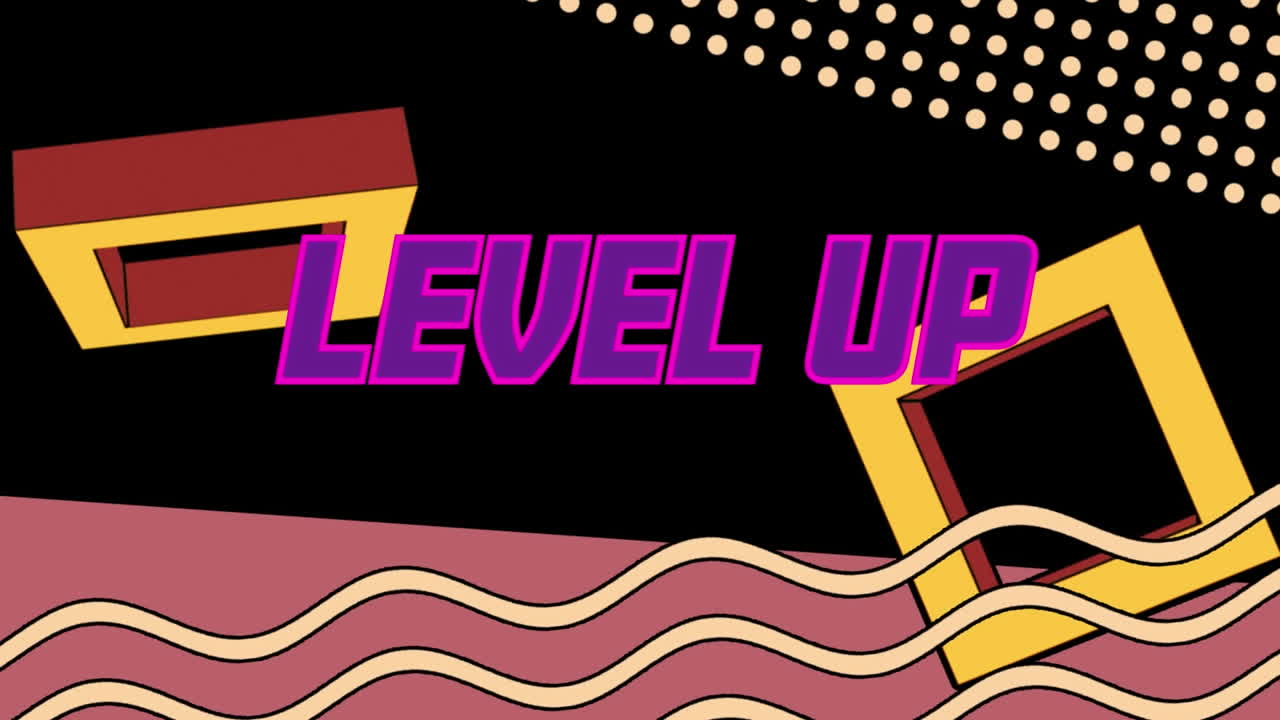 Animation of level up text over shapes on black background