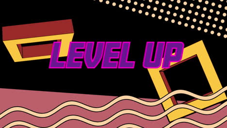 animation of level up text over shapes on black background