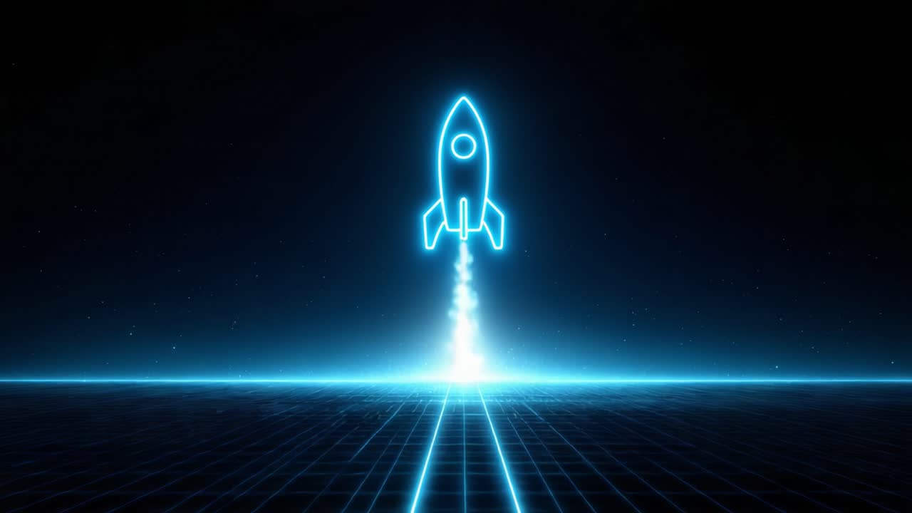 Futuristic neon rocket icon launching from a digital grid into outer space, representing concepts like startup success, cryptocurrency growth, business innovation, and technological advancement