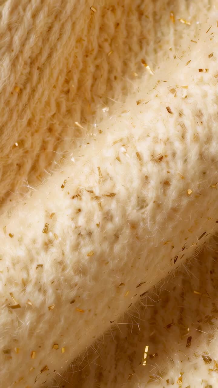 Video verticale: ripresa con panning lento che rivela la piega di una maglia color crema per mostrare la texture, mettendo in risalto le pagliuzze dorate