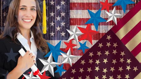 Animation-of-smiling-female-graduate-over-american-flag