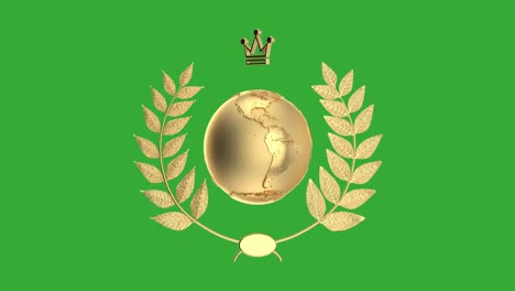 4k resolution video: golden earth globe with winner award gold laurel wreath rotating animation on green screen chroma key