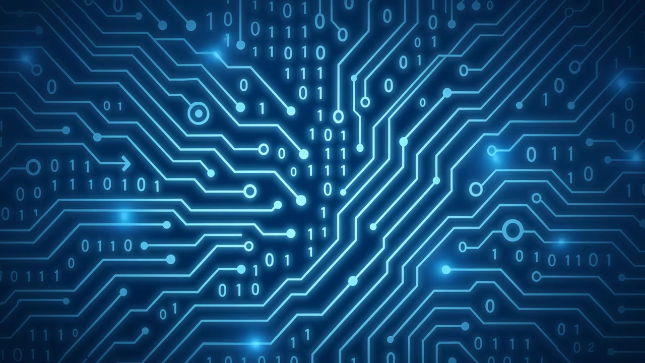 Animated Blue Circuit Board with Glowing Data and Binary Code