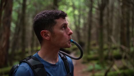 backpacker takes a sip from his hydration pack along a forest trail - taking in nature