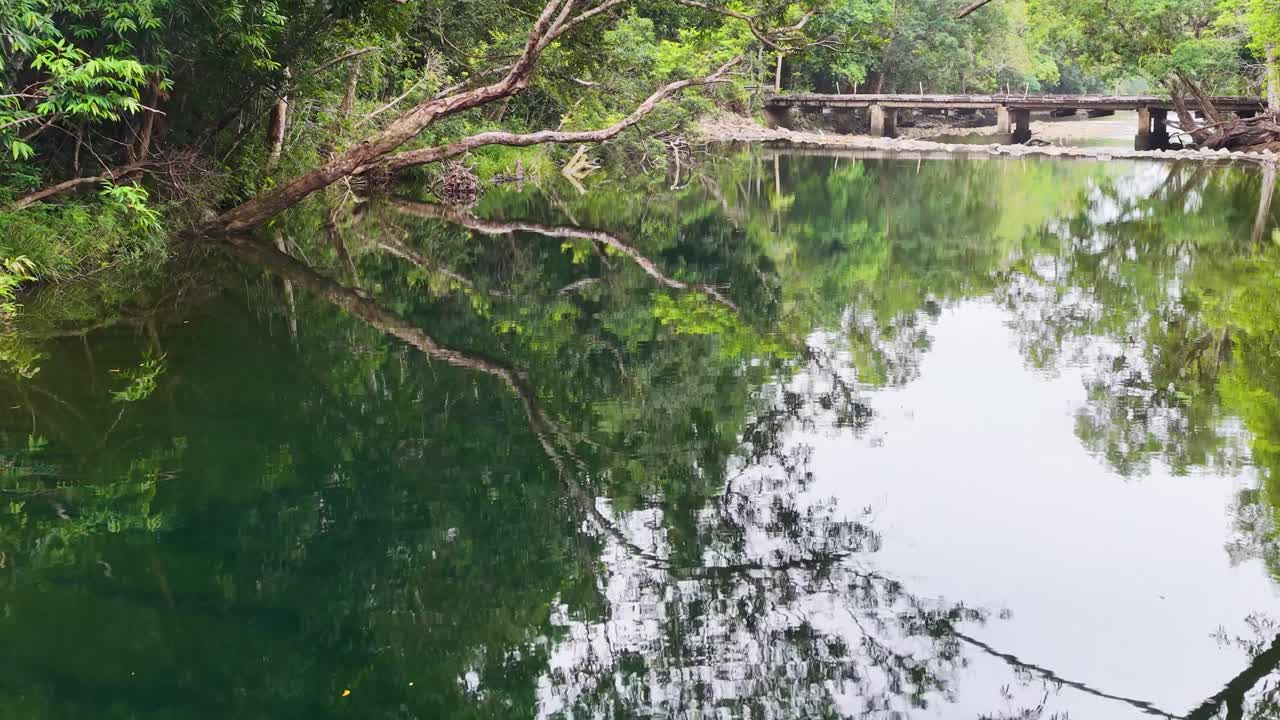 A serene aerial view of a reflective creek surrounded by lush rainforest in Port Douglas, Australia, captured in natural daylight