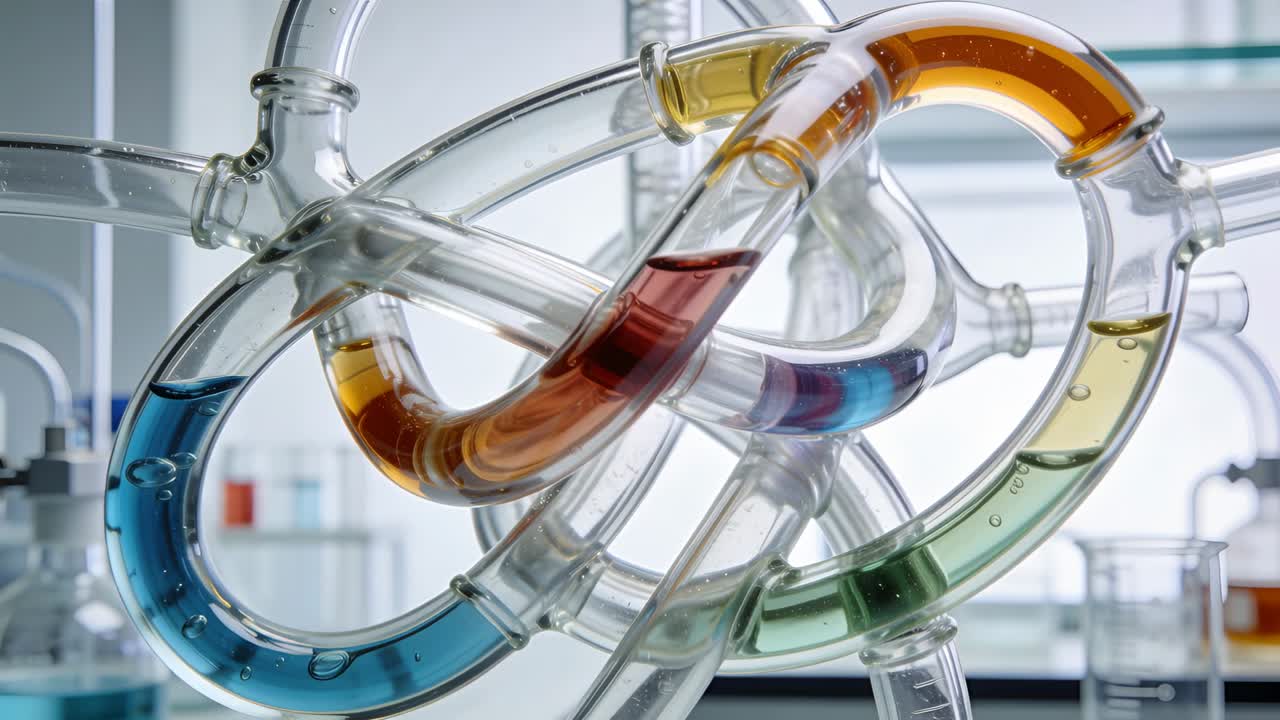 Flowing colored liquid slugs moving through glass tubing since start on lab bench, showing bubbles