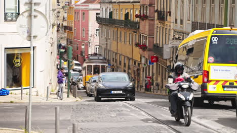 lisbon street scene with tram and traffic