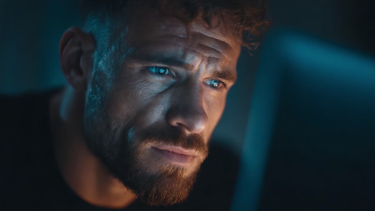 Intense Focus: A Close-Up of a Man's Expression While Engaged with a Computer Screen, Capturing Emotion, Concentration, and Intrigue in a Low-Light Setting