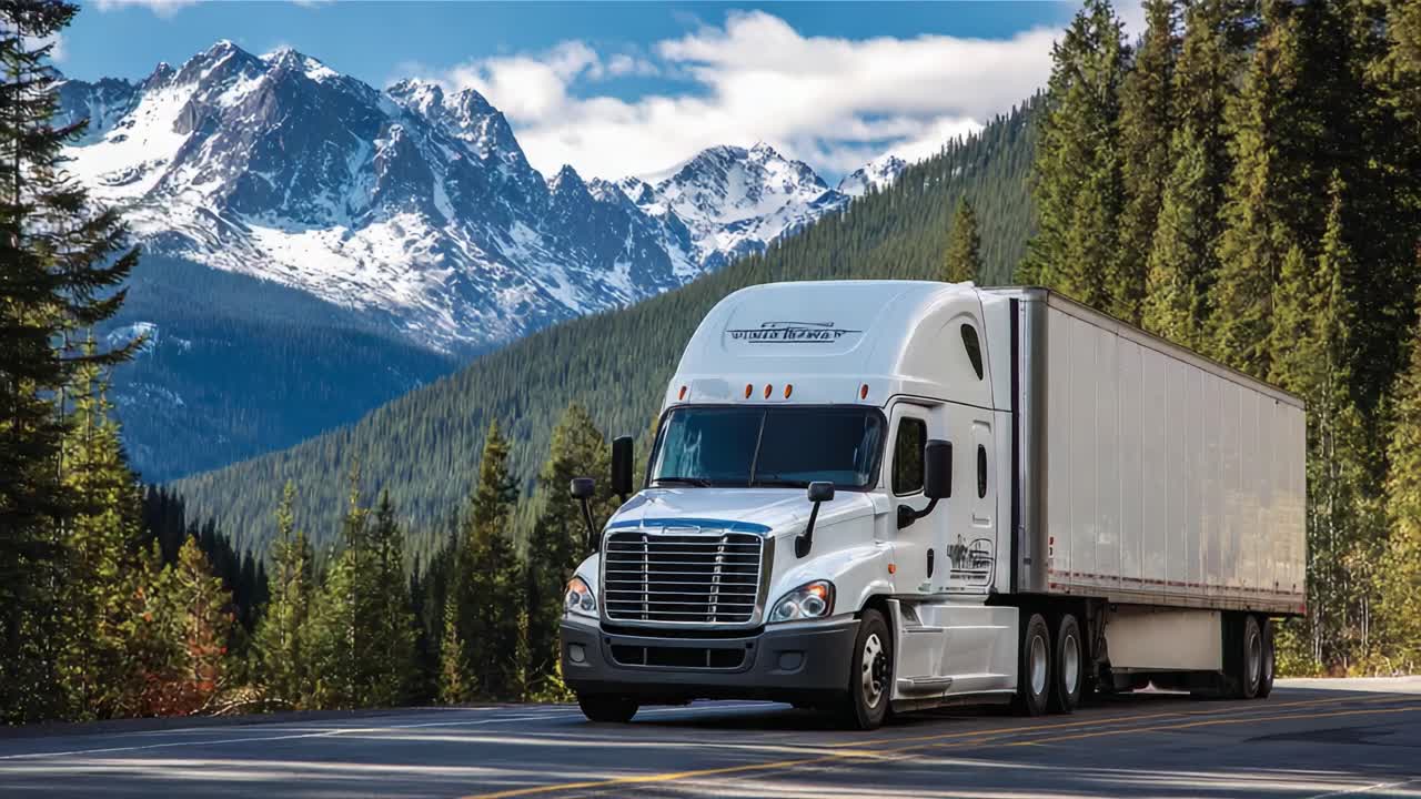 A Majestic Freight Transport Adventure through Scenic Mountain Roads with a Powerful Semi-Truck and Breathtaking Views of Nature's Beauty