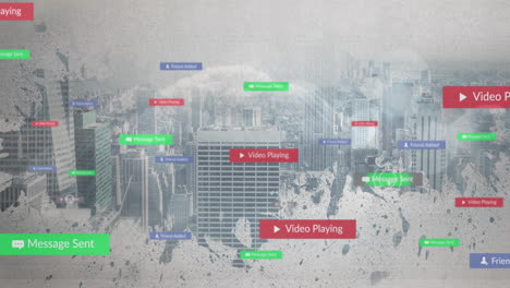 Animation of digital notifications overlaying urban skyline, showing social media interactions