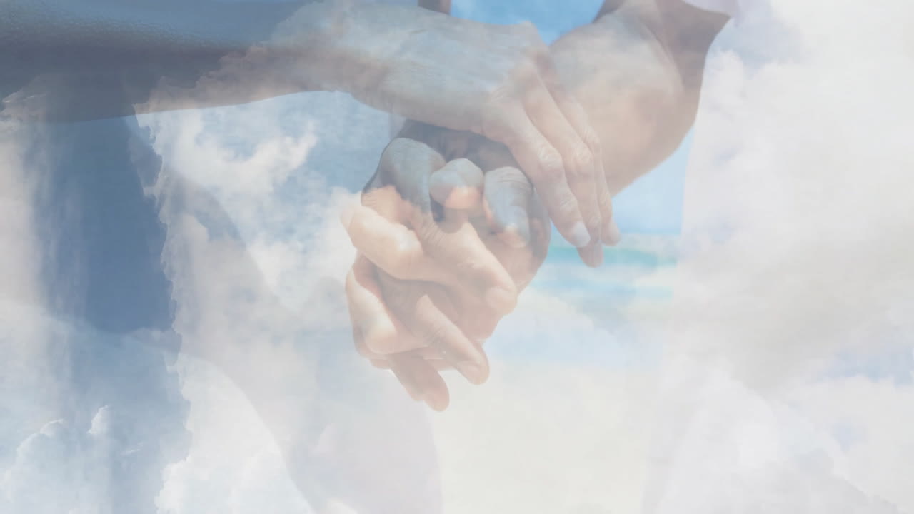 Hands overlaying with clouds, symbolizing connection and serenity in animation art