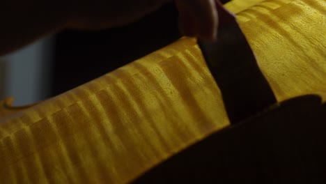 macro view of a craftsman’s brush applying a linseed oil, mastic, and lac blend to a cello back, with vivid marbled flames and fine grain texture glowing under direct light in a traditional workshop