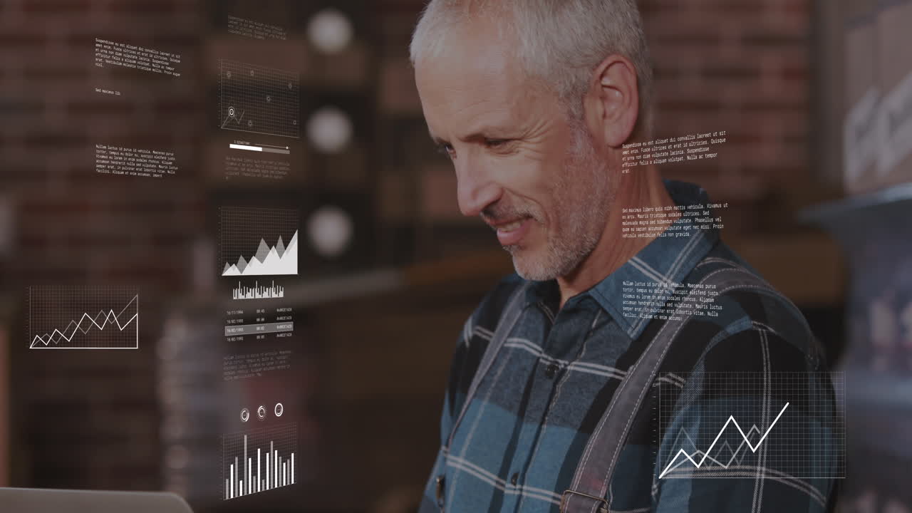 animation der datenverarbeitung gegen einen kaukasischen männlichen arbeiter mit laptop im lager.