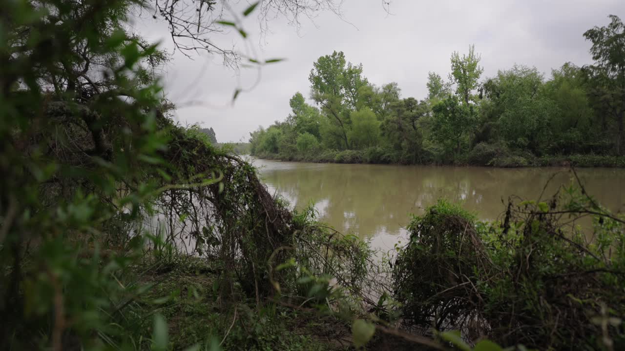 View of a calm, muddy river winding through dense subtropical vegetation in the Paraná Delta, Argentina, under an overcast sky, camera reveal
