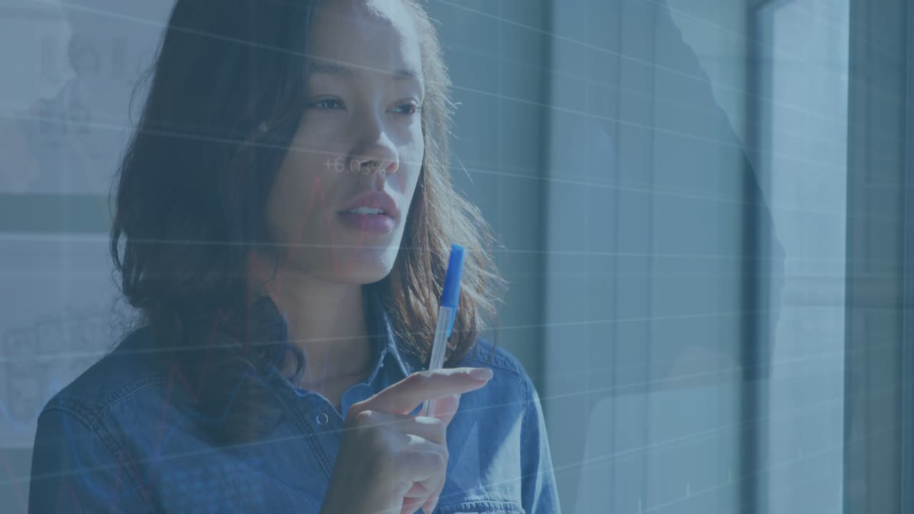 Animation of financial data processing over diverse business people working at office