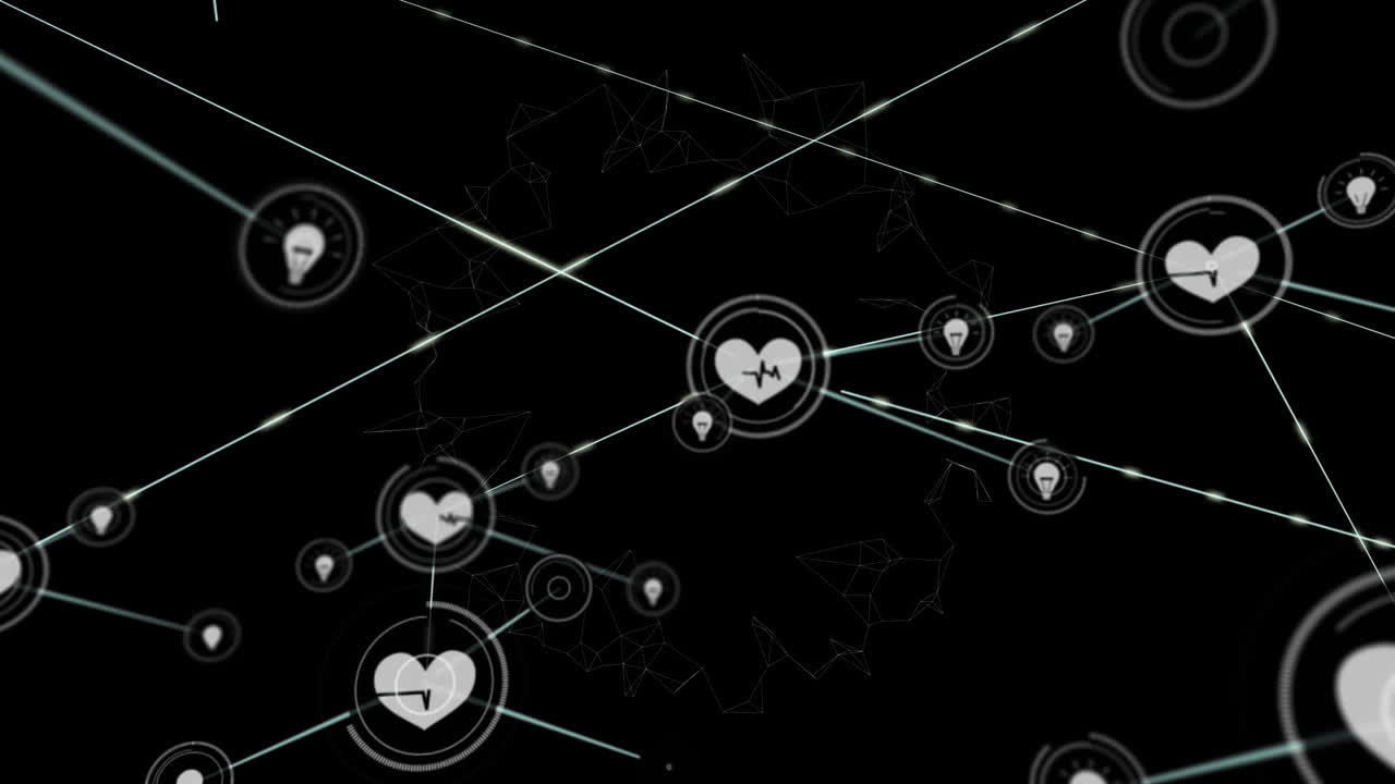 animación de la red de conexiones con iconos en fondo negro