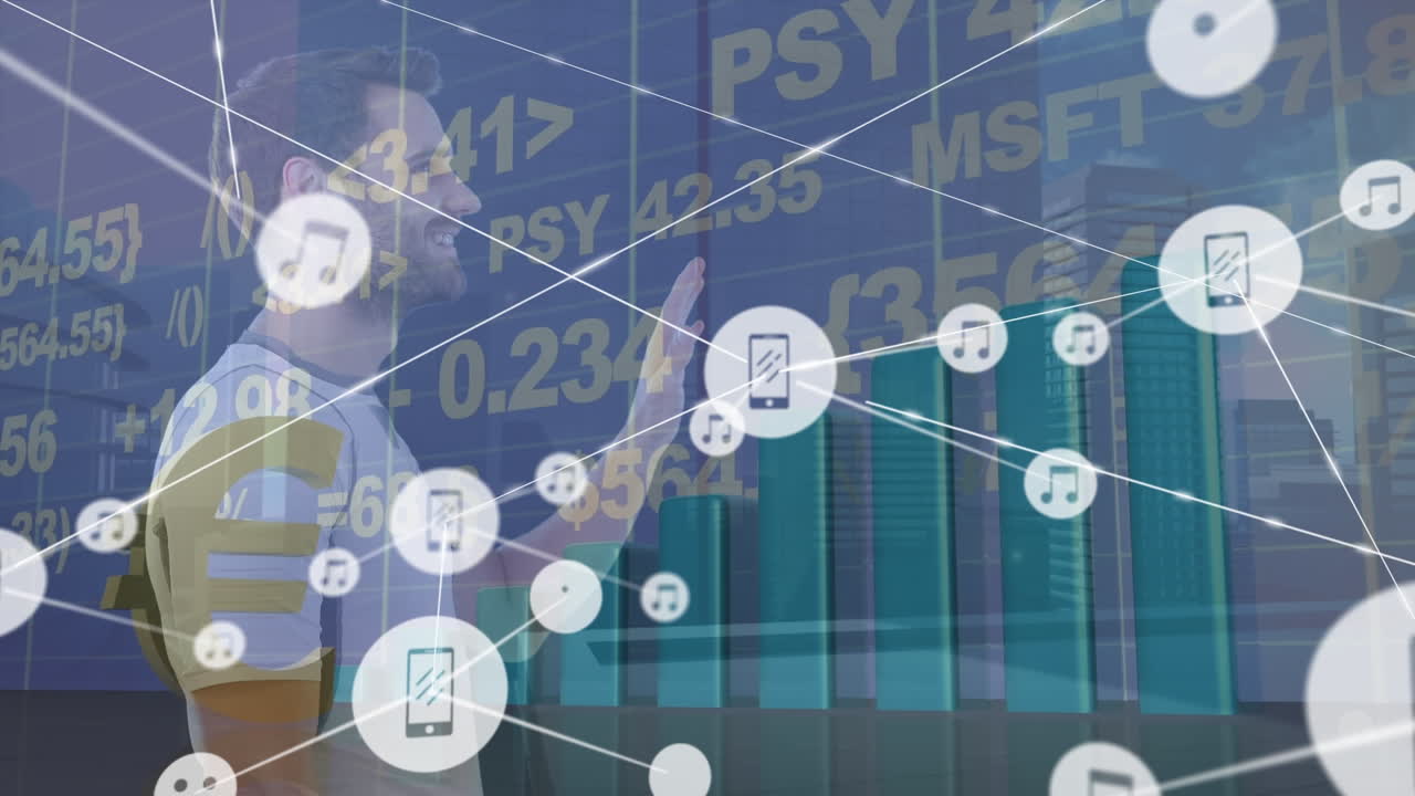 анимация сети соединений над кавказским человеком с использованием сенсорного экрана с финансовыми данными