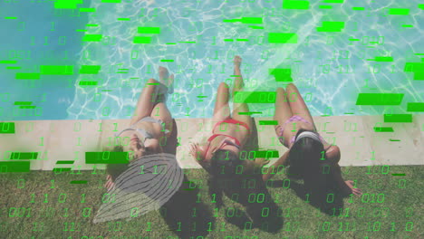 sunbathing by pool, women using digital devices with data overlay