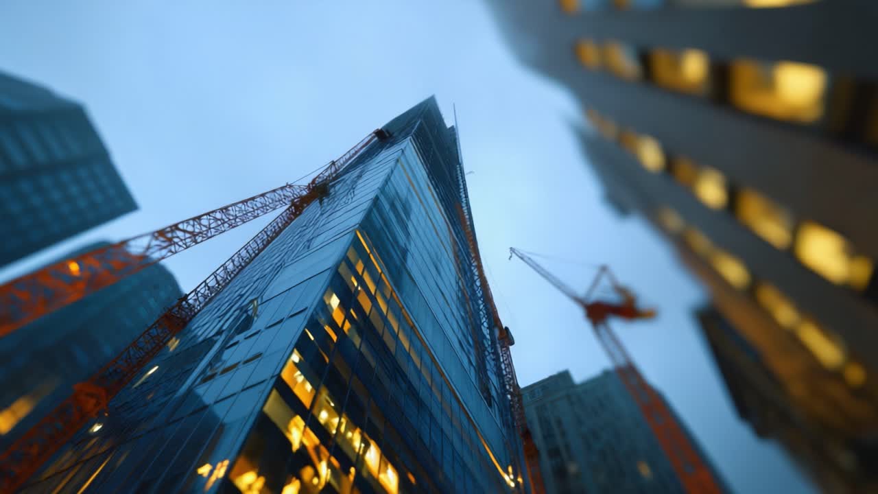 Un rascacielos moderno en construcción, rodeado de grúas en un paisaje urbano neblinoso, que destaca el crecimiento dinámico de la arquitectura y el diseño urbanos.