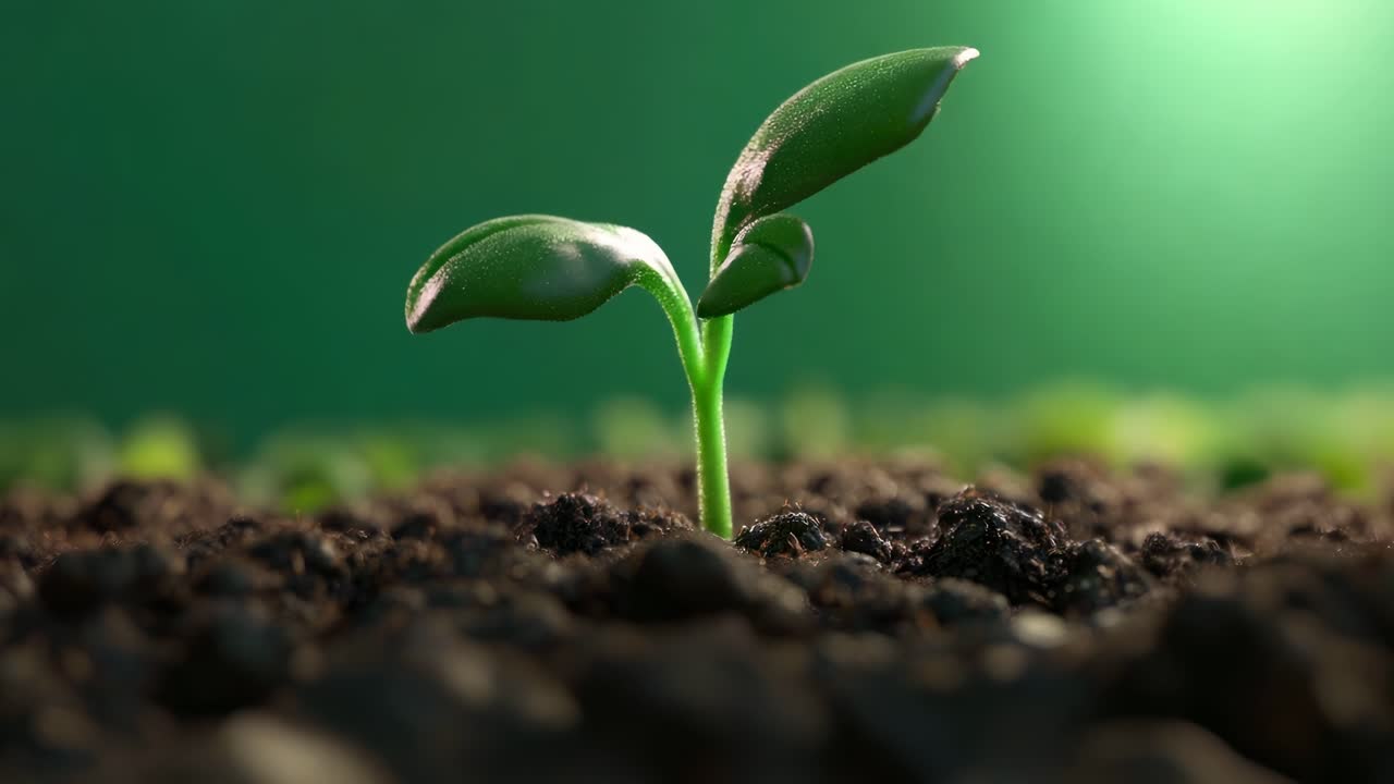 Close-up video of a young plant sprouting from soil, shot from a low angle