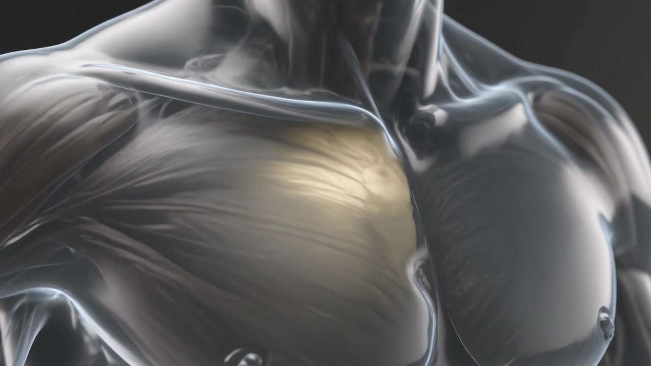 Glowing translucent torso emitting warm light in studio, revealing pectoral muscles and studs
