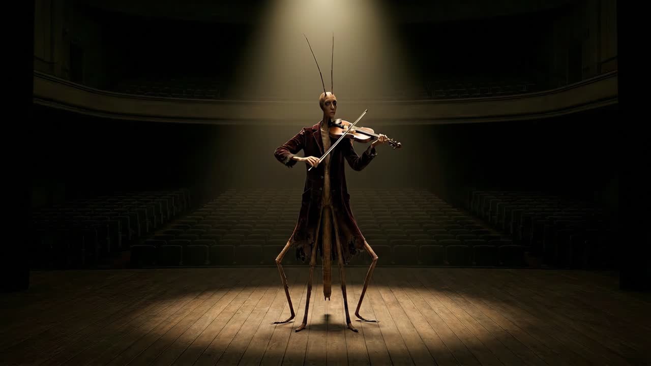Animated Praying Mantis Character Playing Violin on a Dark Stage