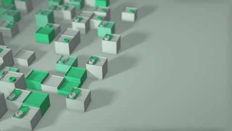 renderización 3d de animación en bucle con formas geométricas. animación sin fin. un video tranquilo y satisfactorio con un cambio de forma. deslizadores se encienden. color verde blanco. profundidad de campo. borrosidad