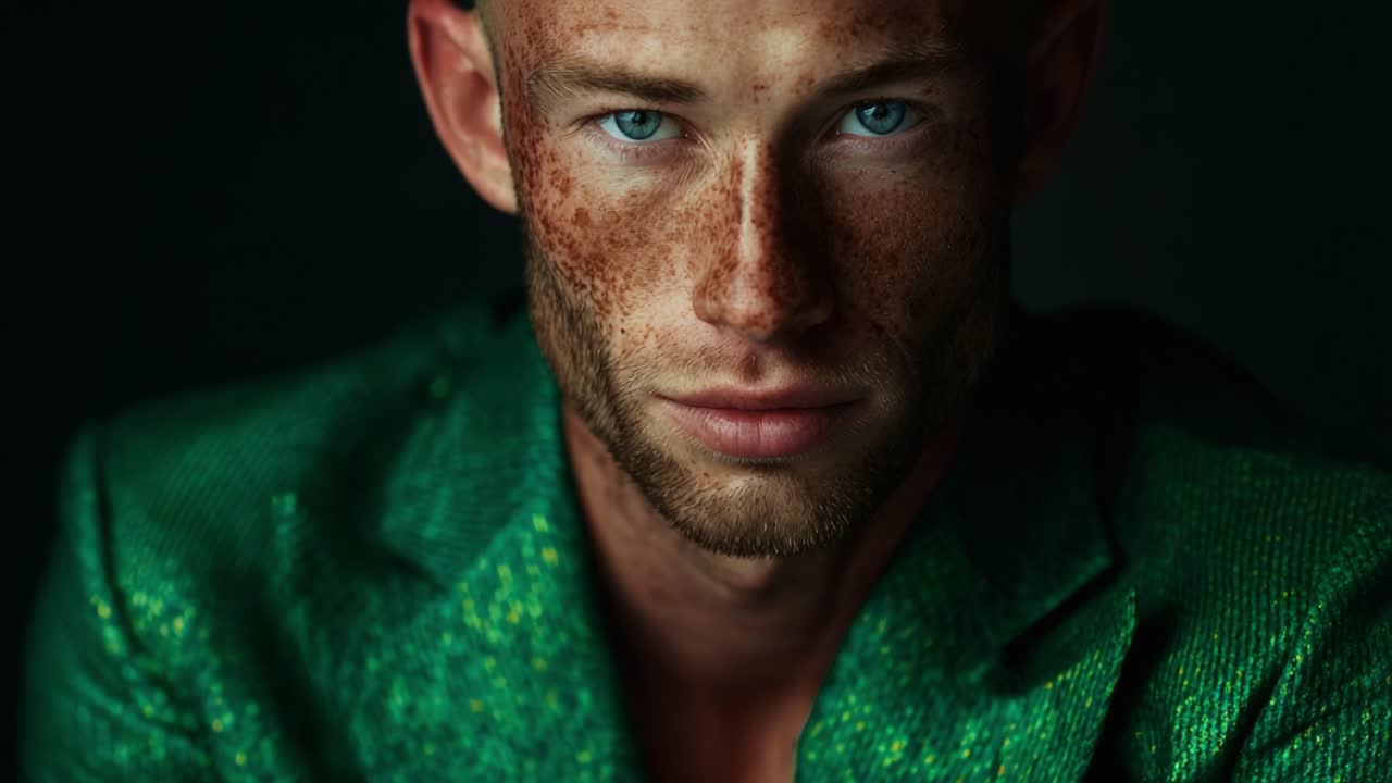 A captivating portrait showcasing a model with striking green attire, engaging blue eyes, and a unique freckled complexion, set against a dark backdrop, evoking depth and intrigue