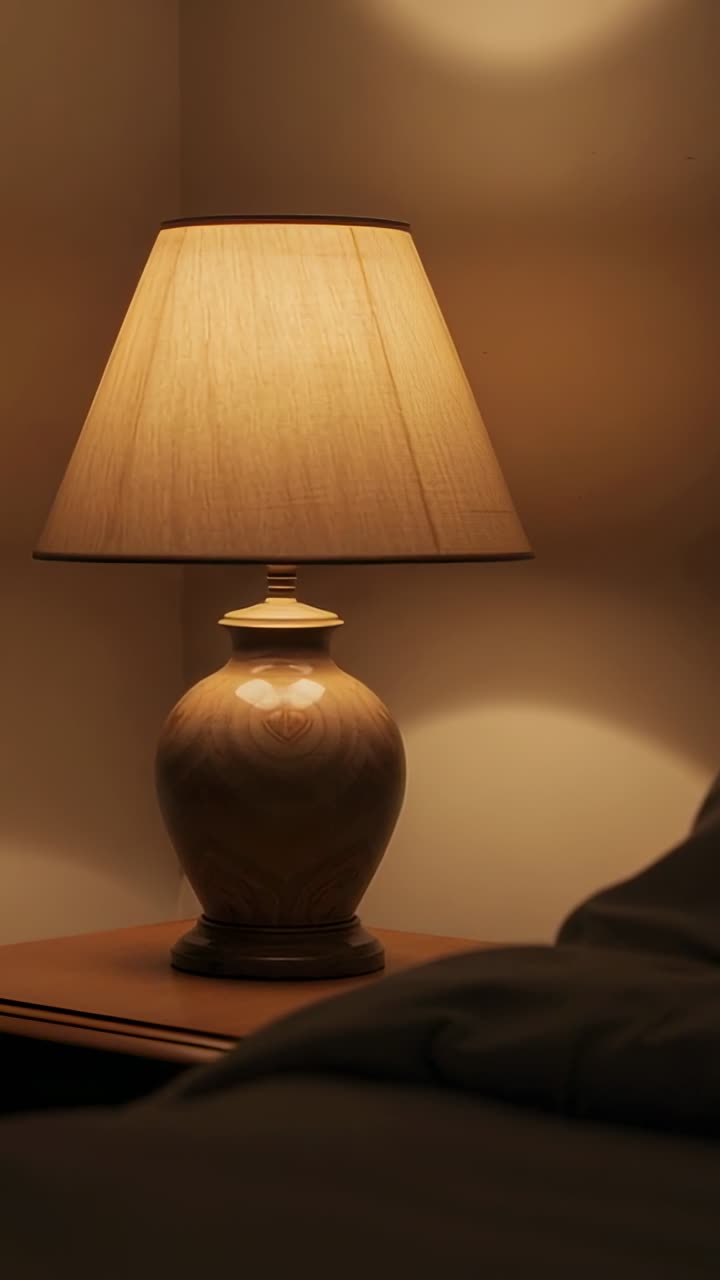 Lámpara de mesa de cerámica emitiendo luz cálida mientras la cámara se desplaza a la derecha, mostrando la decoración del hogar.