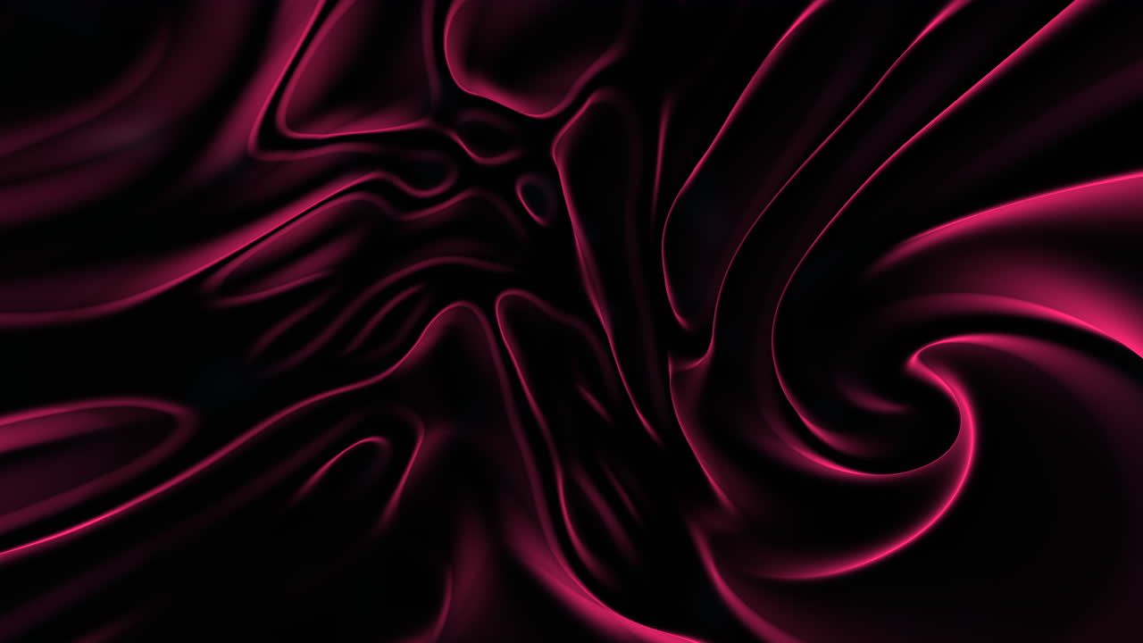 Ondas abstractas de tela de seda magenta fluida sobre fondo negro, movimiento lujoso