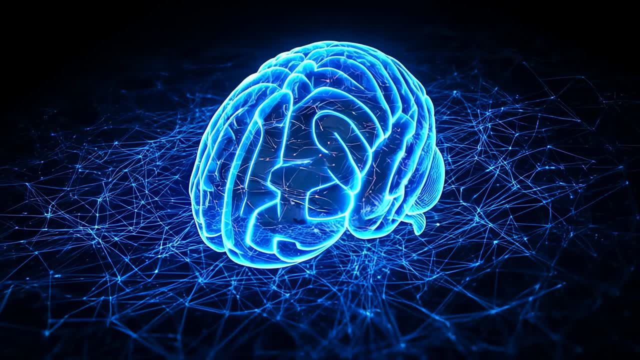 Rotating hologram brain tilting right, growing over frames in dark void, pulsing net showing cortex