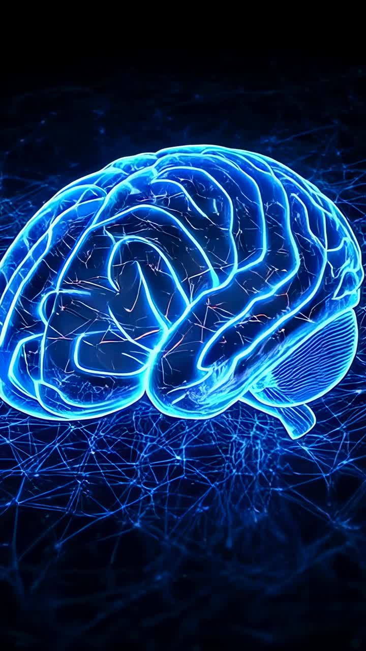 Vertical video: Pulsing brain rotating in VR, sending sparks lighting network to show activity