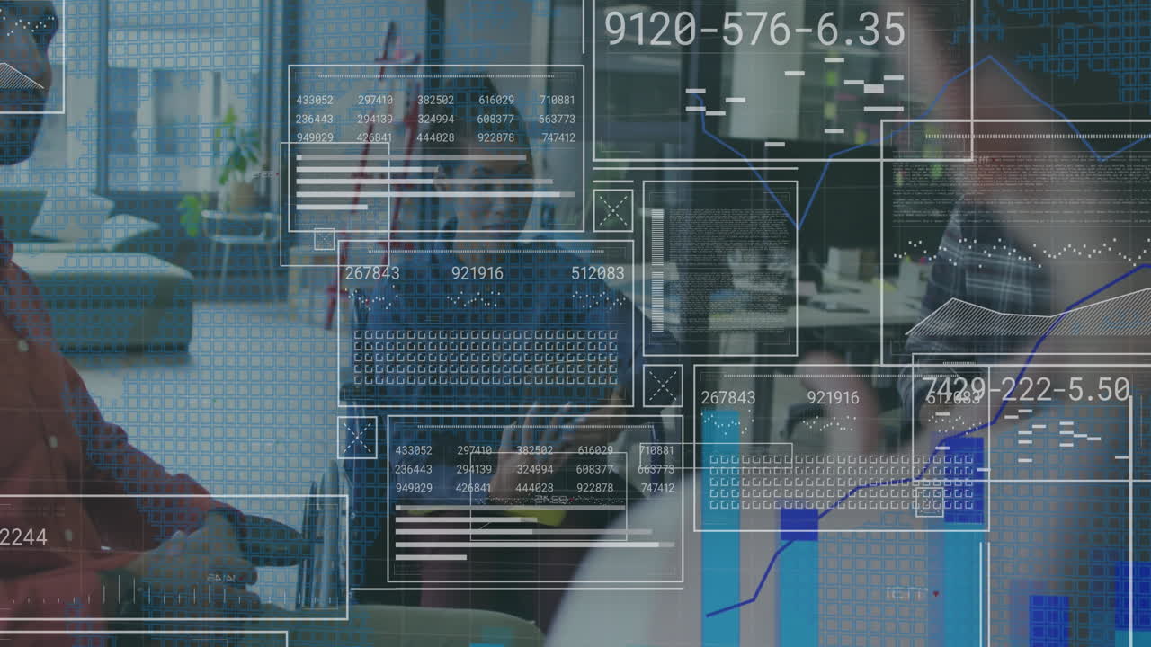 Animation of data processing over diverse business people in office