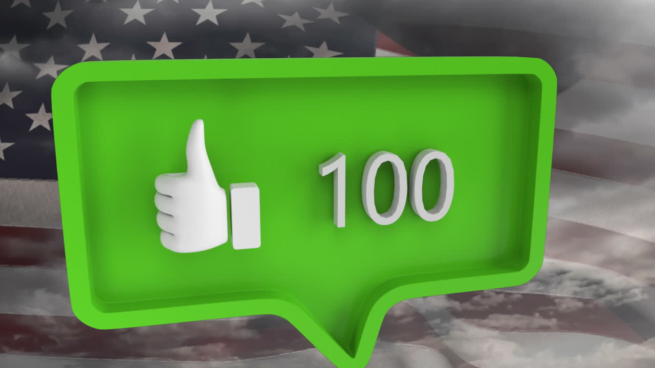 animación de burbuja de habla con números y como icono sobre nubes y bandera de ee.uu.