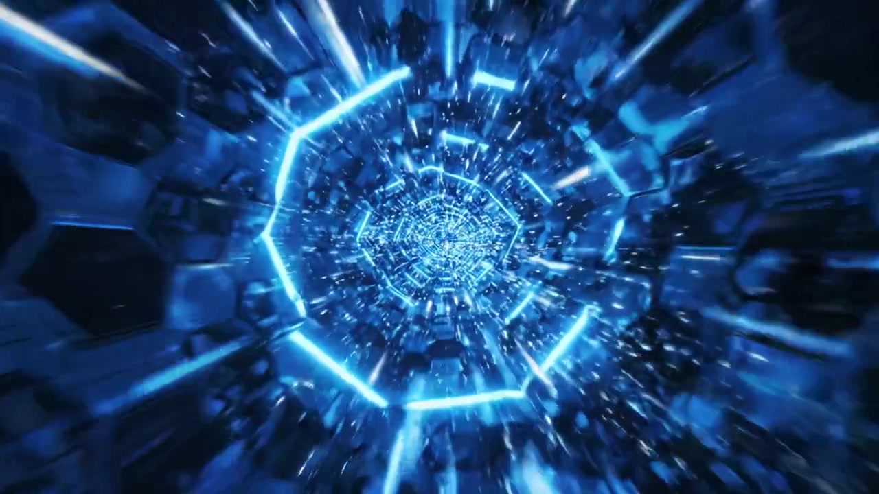 A mesmerizing journey through a dynamic blue-lit tunnel, showcasing intricate geometric patterns and vibrant energy pulsating through the space in a futuristic visualization.