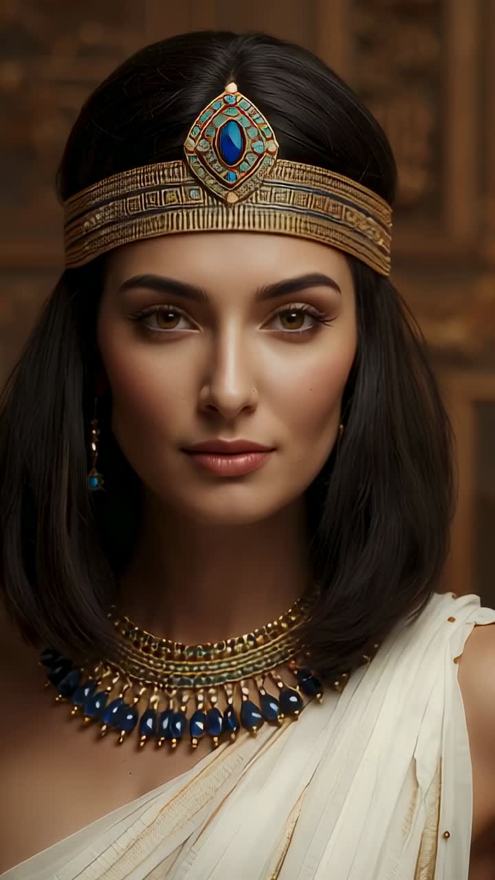 Vertical video: Blinking Egyptian queen looking composed in palace, with gold headband and necklace