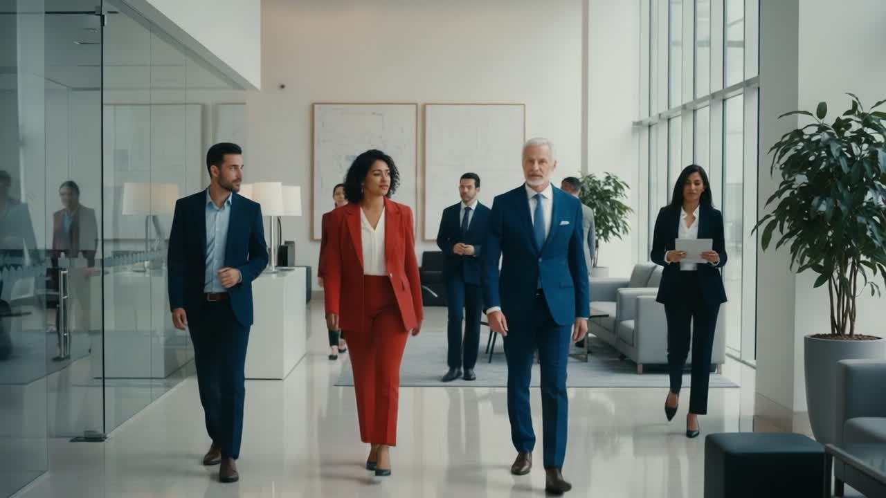 Business professionals walking in a modern office